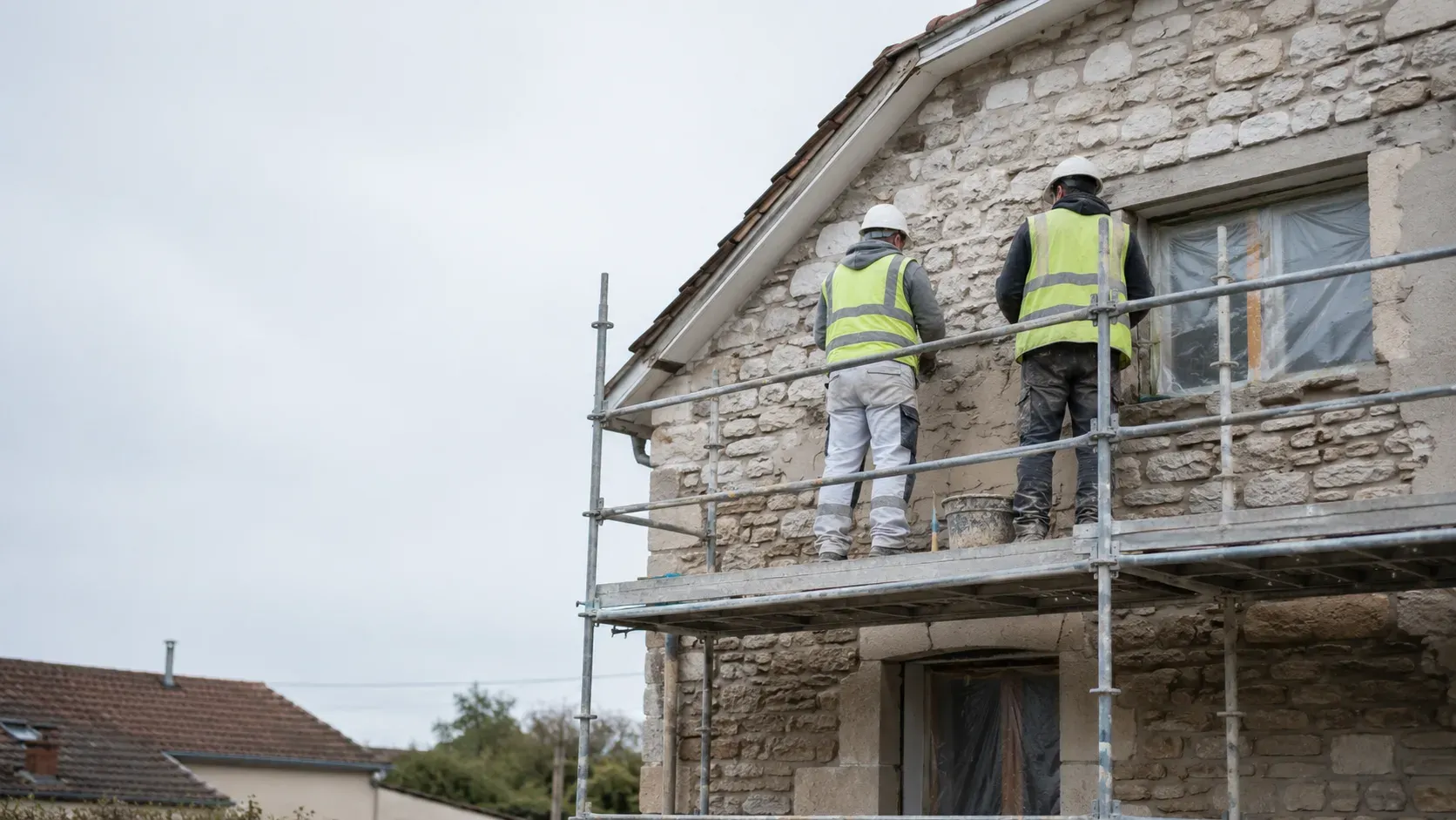 Chantier de rénovation d'une maison, échafaudage léger et compagnons équipés