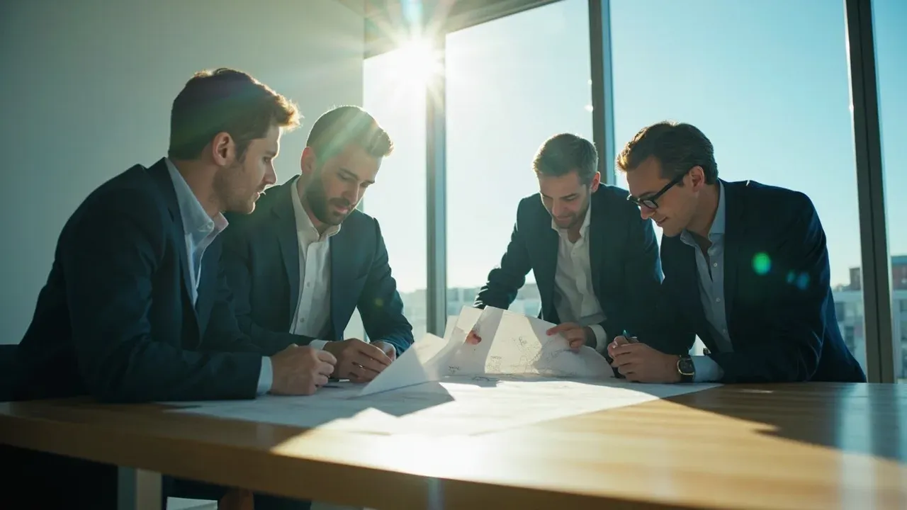 Équipe de consultants discutant autour d’une table dans un cabinet de conseil moderne, lumière naturelle du matin