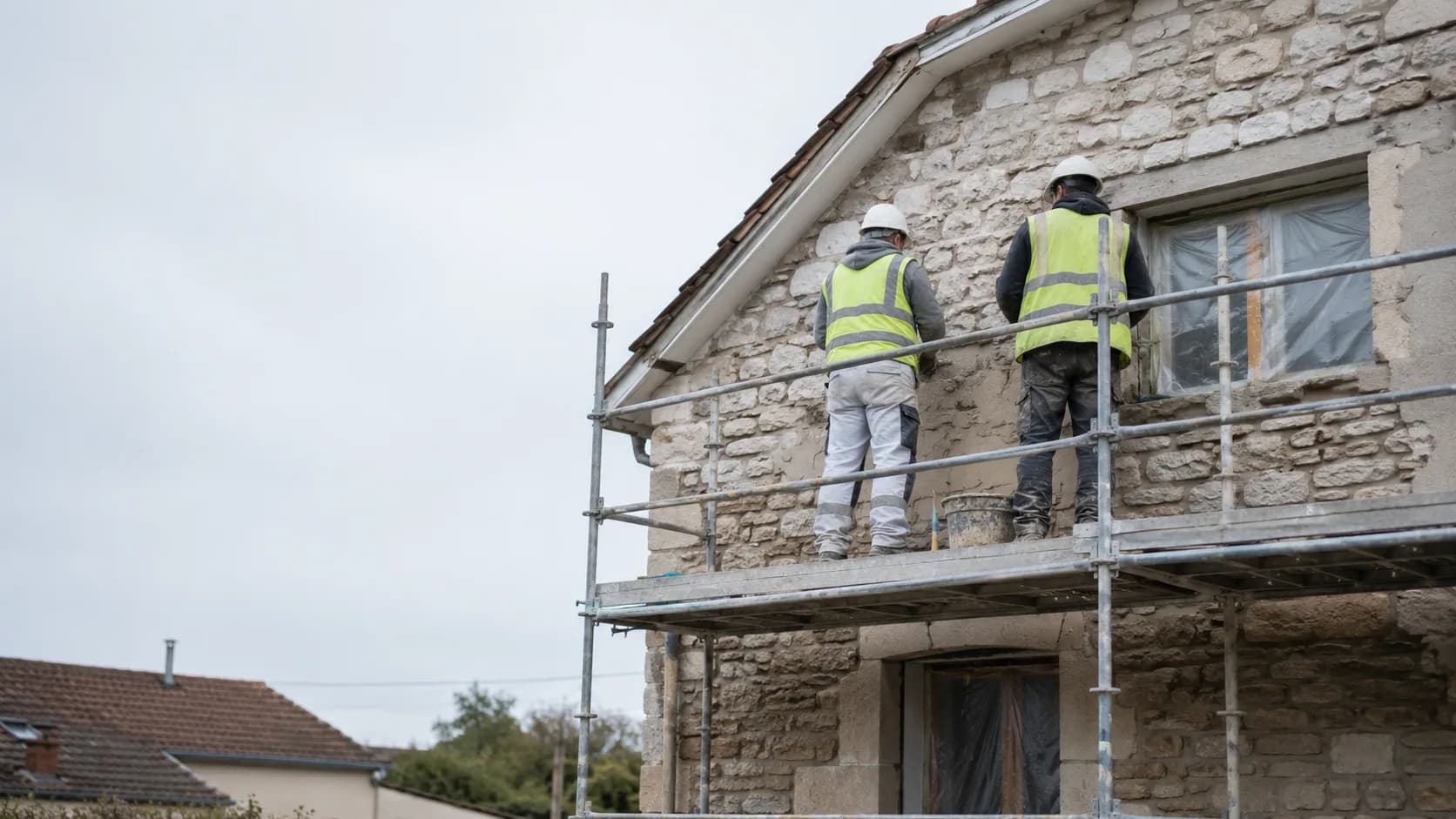 Chantier de rénovation d'une maison, échafaudage léger et compagnons équipés