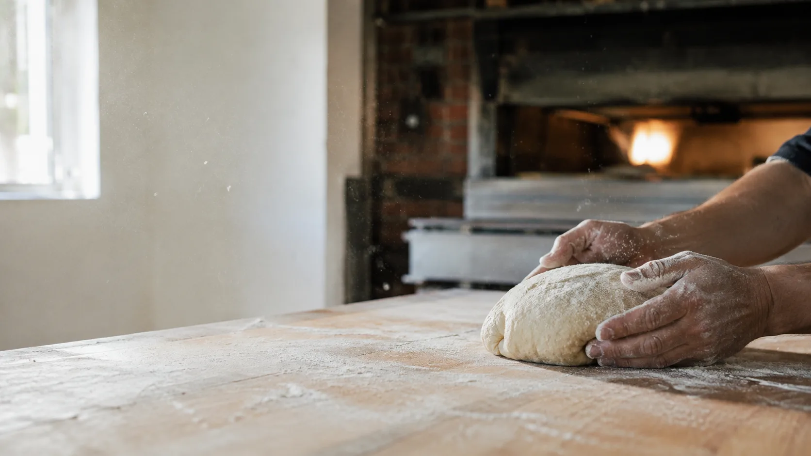 Fournil artisanal français à l'aube, façonnage de la pâte sur le plan de travail