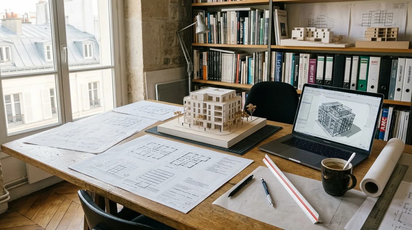 Architecte révisant des plans techniques sur table à dessin avec maquette 3D en arrière-plan