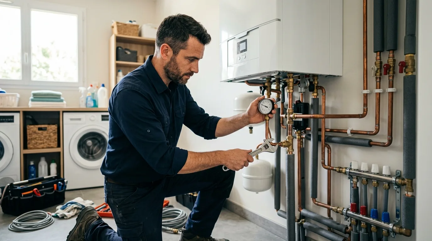 Chauffagiste installant une pompe à chaleur air-eau, installation thermique couverte par la décennale. Chauffagiste installant une pompe à chaleur air-eau, installation thermique couverte par la décennale.