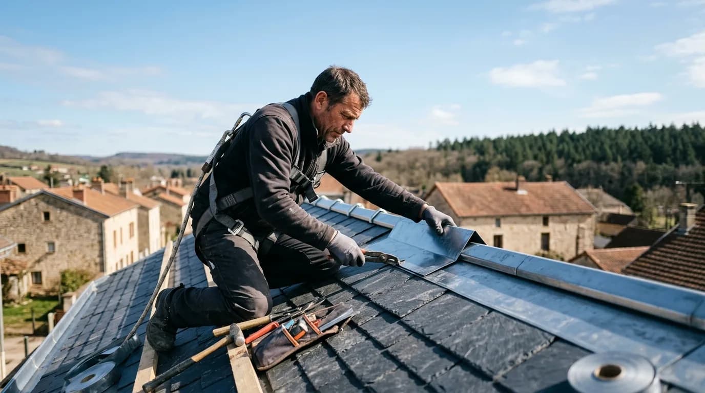 Couvreur-zingueur posant une toiture en ardoises et zinc, travaux couverts par la garantie décennale. Couvreur-zingueur posant une toiture en ardoises et zinc, travaux couverts par la garantie décennale.