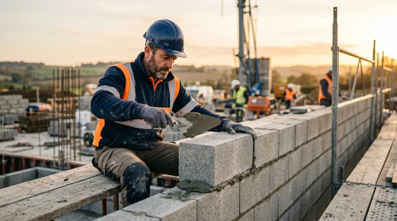 Maçon montant un mur en parpaings sur un chantier de gros œuvre, travaux couverts par la garantie décennale. Maçon montant un mur en parpaings sur un chantier de gros œuvre, travaux couverts par la garantie décennale.