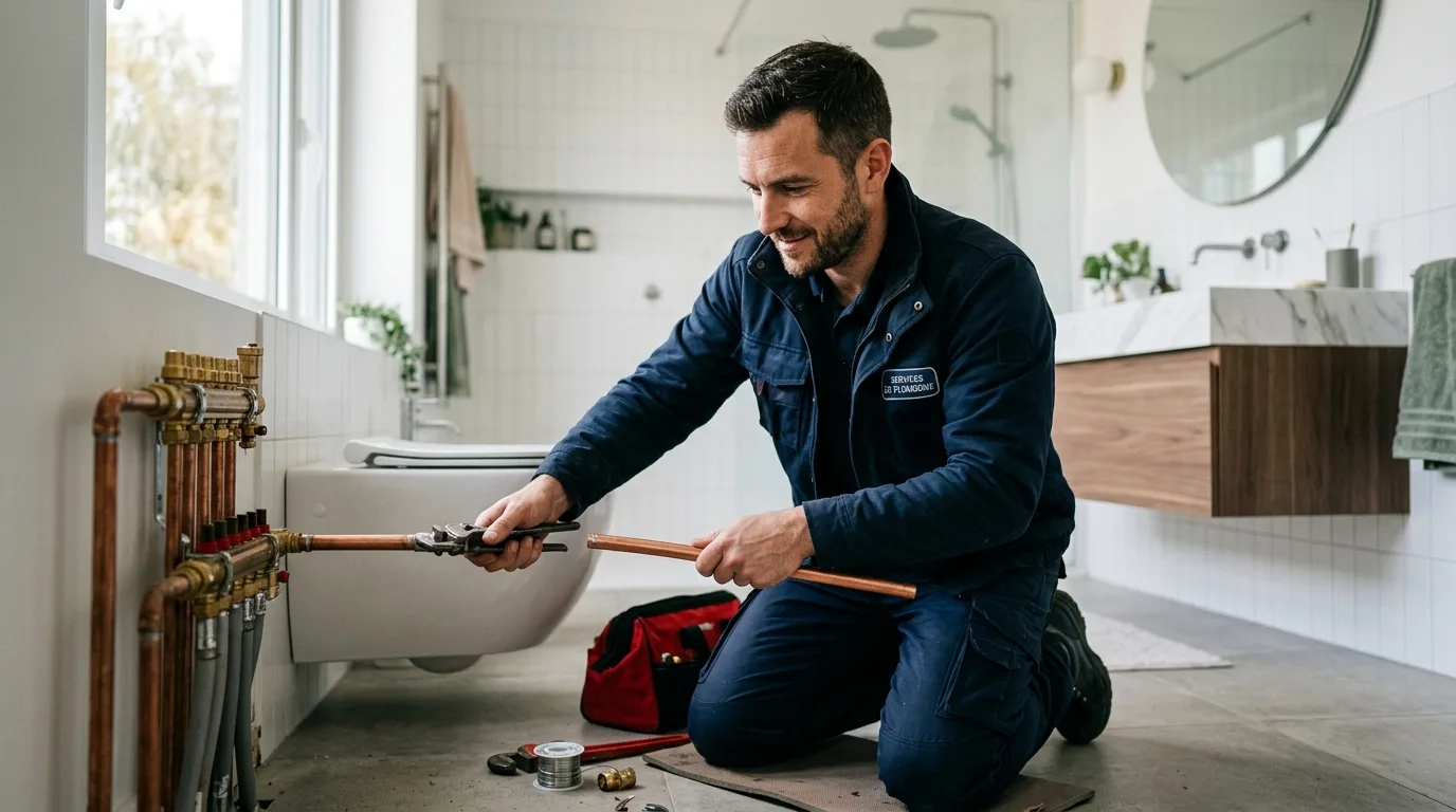 Plombier installant une tuyauterie cuivre dans une salle de bains, activité couverte par la garantie décennale. Plombier installant une tuyauterie cuivre dans une salle de bains, activité couverte par la garantie décennale.