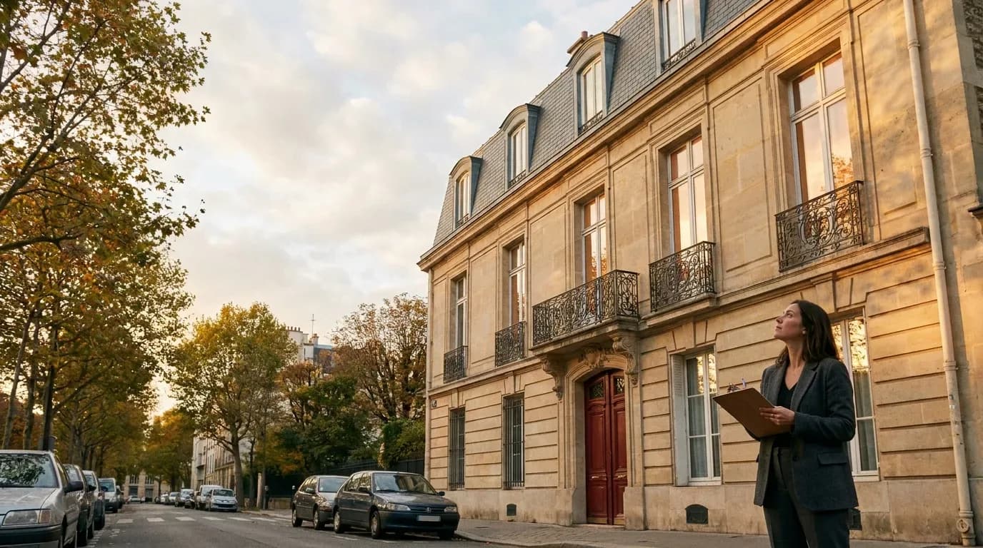 Façade haussmannienne d'un immeuble parisien en copropriété, syndic prenant des notes sur le trottoir au coucher du soleil