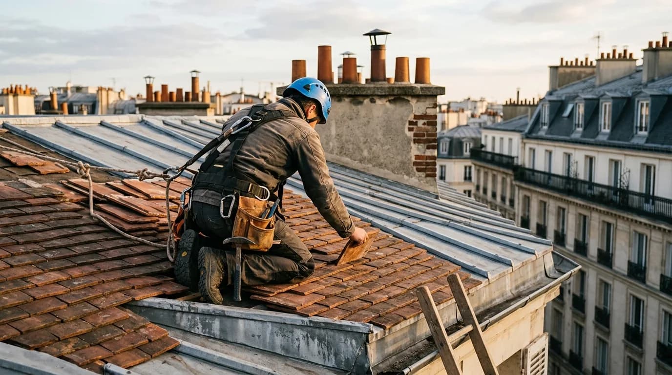 Couvreur installant des tuiles plates sur une toiture en pente avec harnais de sécurité