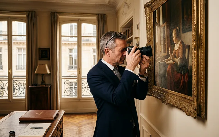 Expert assurance documentant un tableau de valeur avec appareil photo