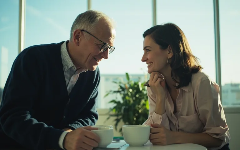 Échange bienveillant entre un manager et une salariée dans un bureau lumineux, autour d'un café