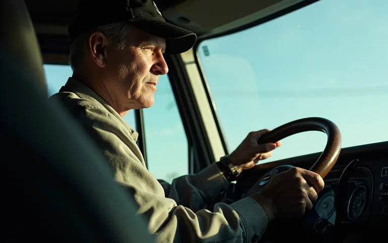 Conducteur en cabine poids lourd, bénéficiant de la couverture santé transport routier CCN Conducteur de poids lourd concentré au volant de son camion sur une route ensoleillée