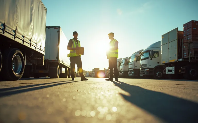 Quai logistique et flotte transport, illustrant les enjeux de prévoyance collective PME transport Dépôt logistique organisé avec flotte de camions et équipes en gilets de sécurité le matin